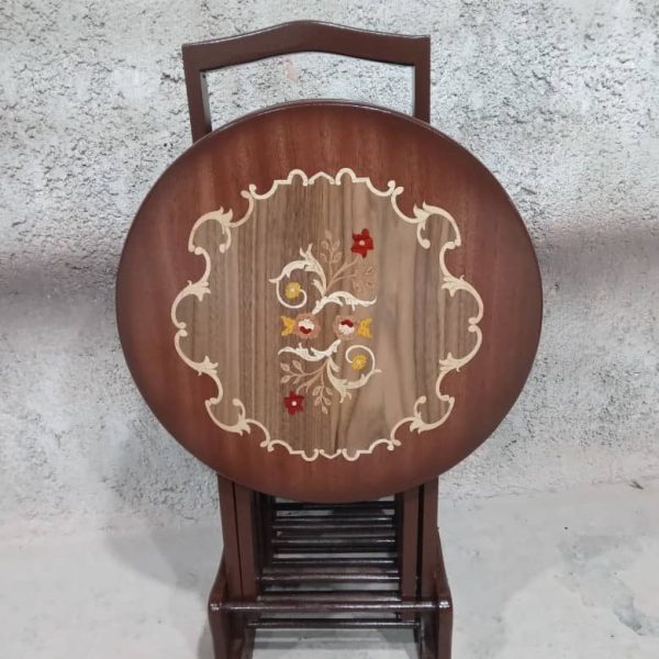 میز عسلی تاشو چمدانی جلومبلی معرق دایره چوب گردو
